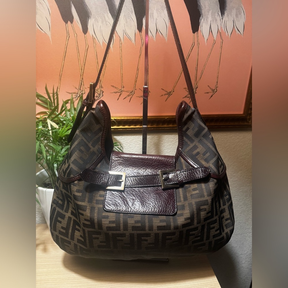 Fendi Zucca Vintage Shoulder Bag Brown FF Monogram Leather Trim Y2K Italy